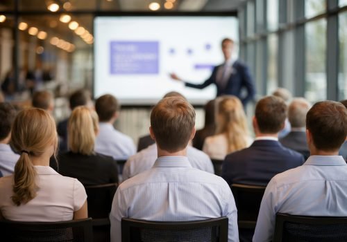Businesspeople attending a presentation, backs of heads visible, concept for corporate meeting, workshop, training